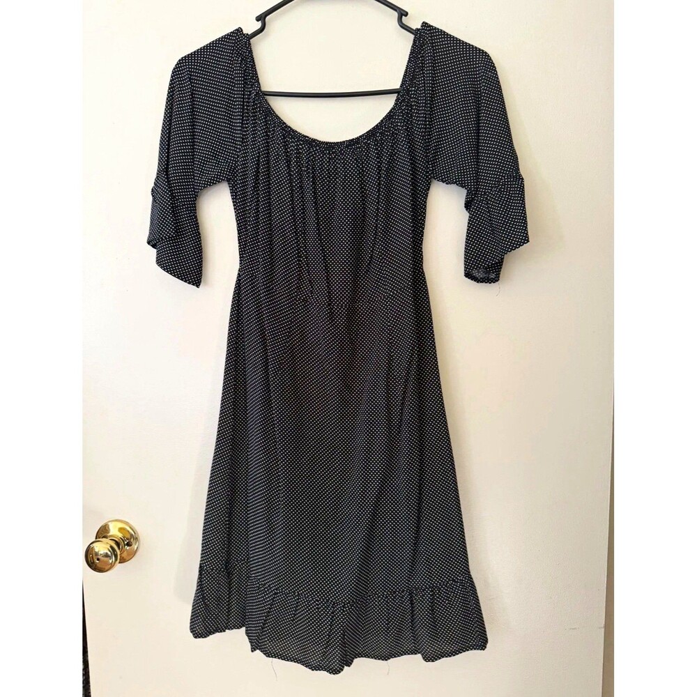 Womens Black/White Polka Dot 3/4 Sleeve Scoop Neck Shift Short Dress Ruffle